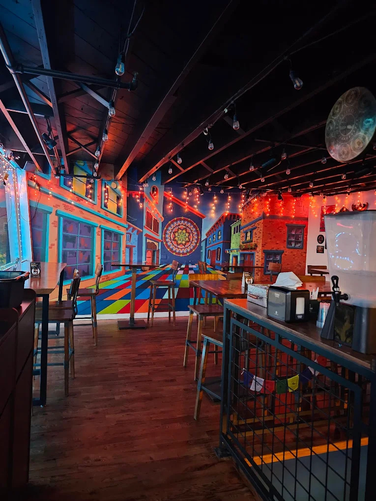 Colorful mural and bar